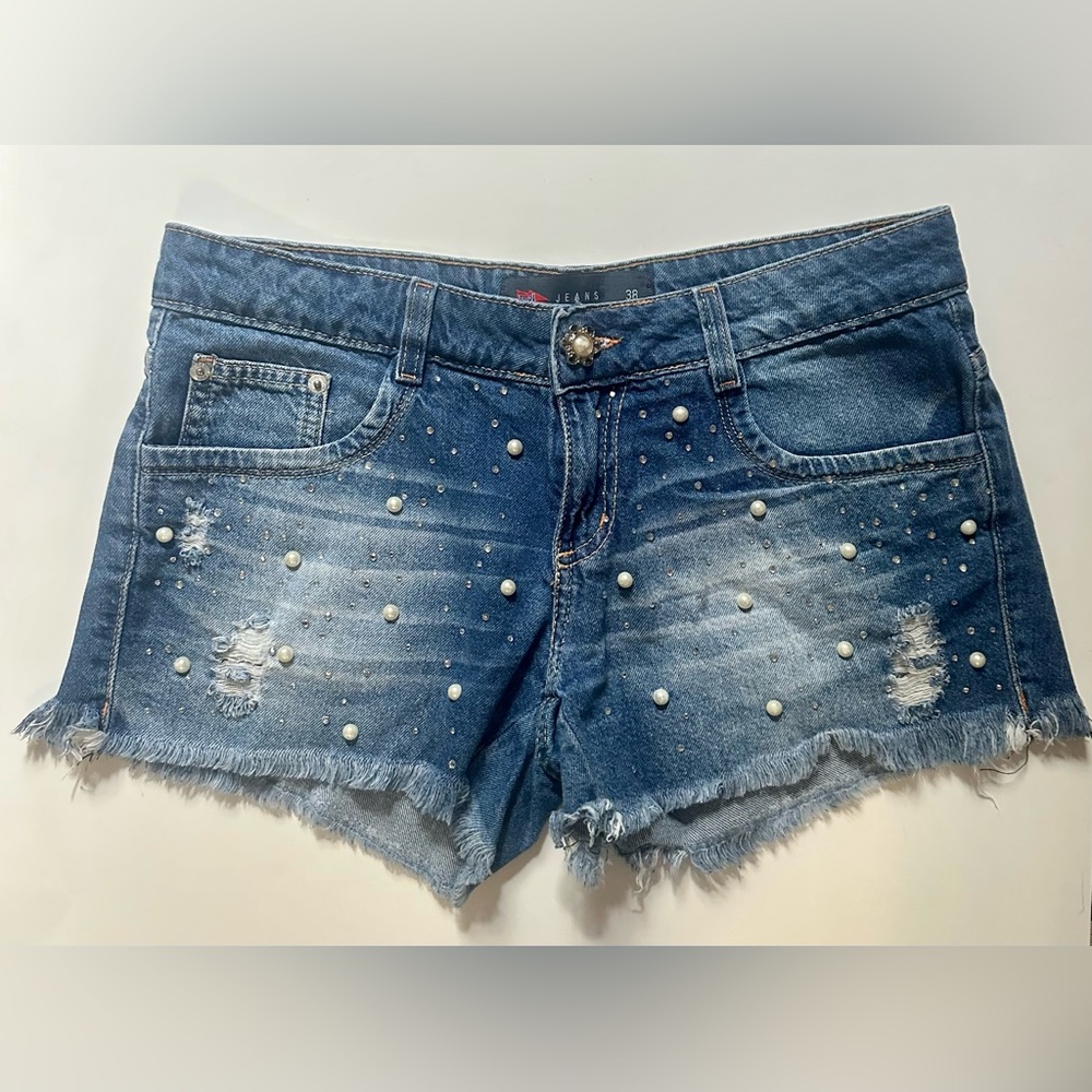 Pool Jeans Distressed Shorts with Pearl and Rhinestone Embellishment